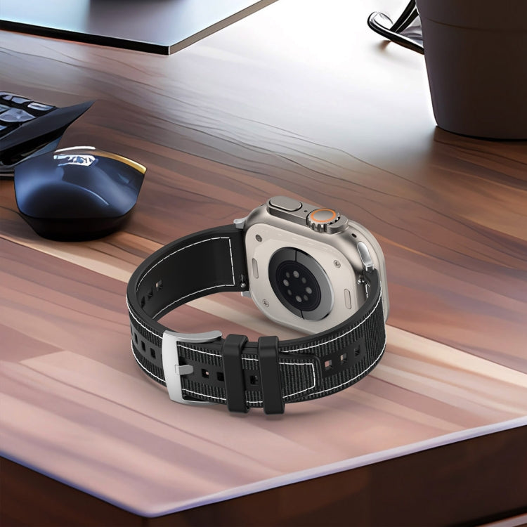 Frerndorf | Für Apple Watch Series 9 45mm Offizielles Schnallen Hybrid Nylon Geflecht Silikon Uhrenarmband (Schwarz)