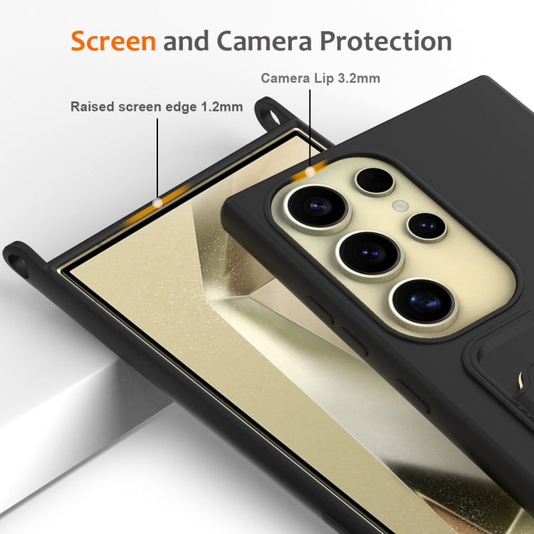 Frendorf | Für Samsung Galaxy S24 Ultra 5G Integrierte Karten Tasche Einfarbig Flüssigsilikon Handyhülle mit Lanyard (Schwarz)