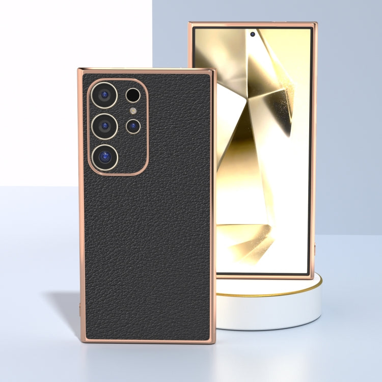 Frendorf | Für Samsung Galaxy S24 Ultra 5G Nano Plating Echtes Leder Wave Serie Handyhülle (Schwarz)