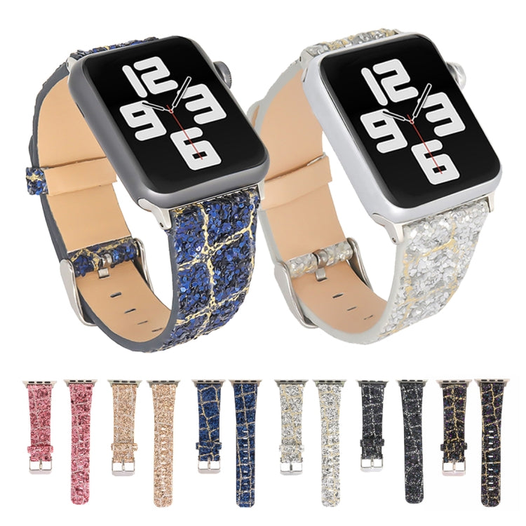 Frerndorf | Für Apple Watch Series 8&7 41mm / SE 2&6&SE&5&4 40mm / 3&2&1 38mm Glitzer Pailletten Leder Uhrenarmband (Blau Gold)