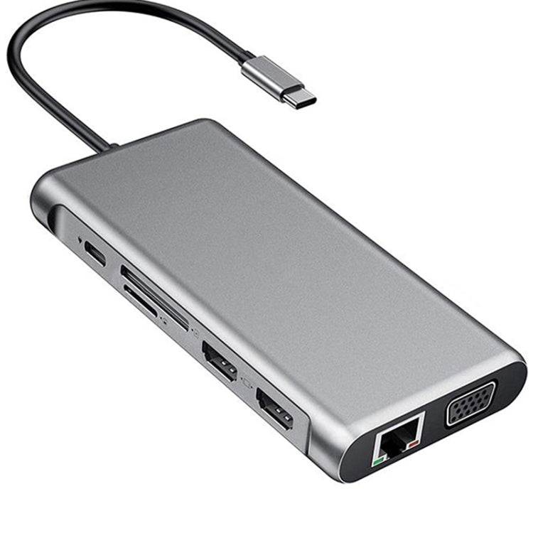 Frendorf | 12 in 1 HDMI x2 + USB3.0 + USB2.0 + PD Laden + VGA + RJ45 + 3.5mm Klinke + TF/SD x2 Type-C / USB-C HUB Docking Station (Dunkelgrau)