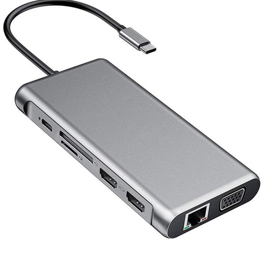 Frendorf | 12 in 1 HDMI x2 + USB3.0 + USB2.0 + PD Laden + VGA + RJ45 + 3.5mm Klinke + TF/SD x2 Type-C / USB-C HUB Docking Station (Dunkelgrau)