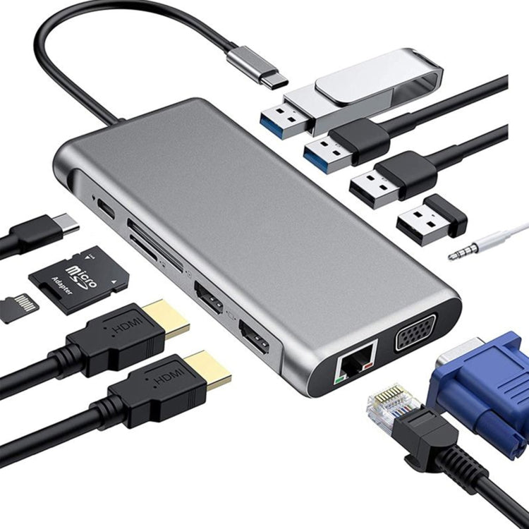 Frendorf | 12 in 1 HDMI x2 + USB3.0 + USB2.0 + PD Laden + VGA + RJ45 + 3.5mm Klinke + TF/SD x2 Type-C / USB-C HUB Docking Station (Dunkelgrau)
