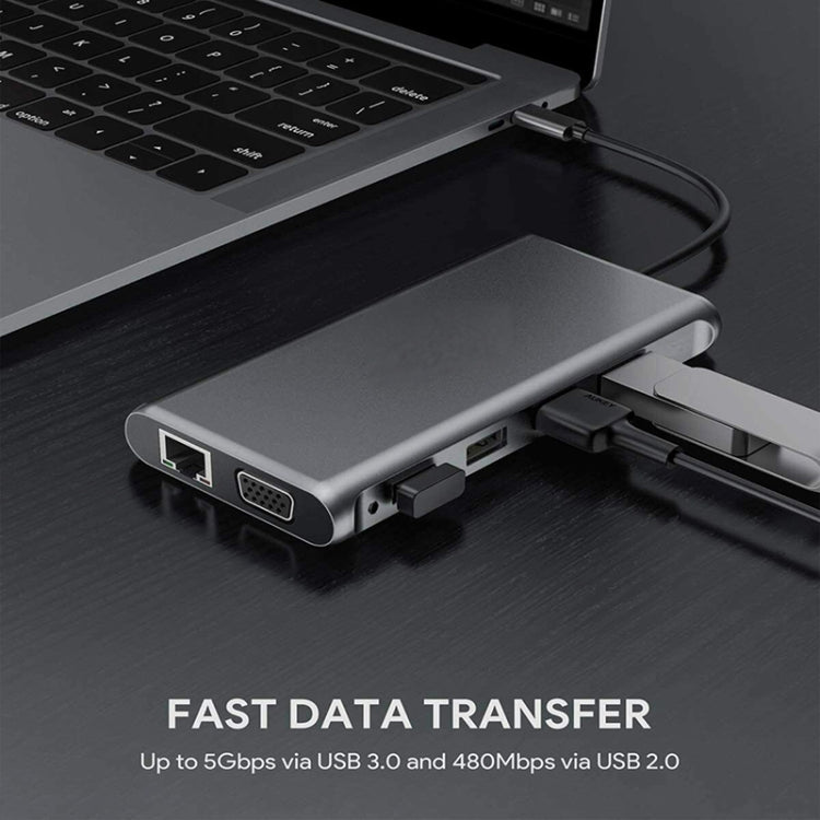 Frendorf | 12 in 1 HDMI x2 + USB3.0 + USB2.0 + PD Laden + VGA + RJ45 + 3.5mm Klinke + TF/SD x2 Type-C / USB-C HUB Docking Station (Dunkelgrau)
