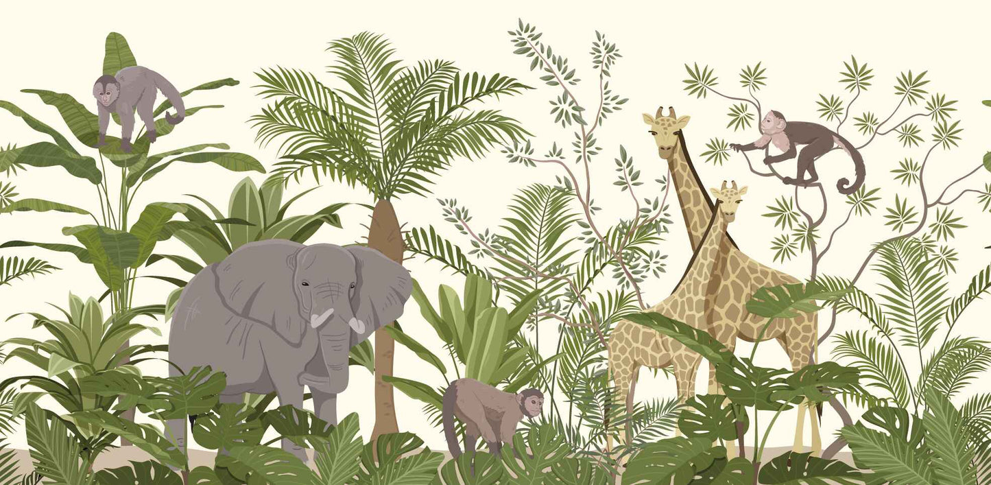 Frendorf | Elefant Giraffe und Affen Cartoon Tapete Wandbild