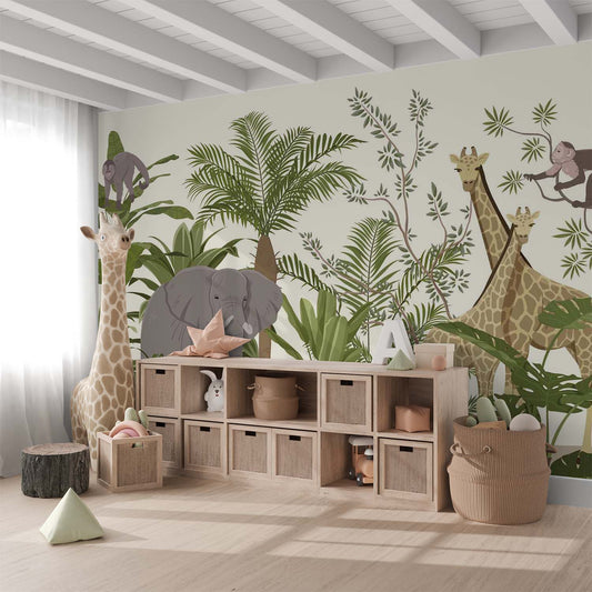 Frendorf | Elefant Giraffe und Affen Cartoon Tapete Wandbild