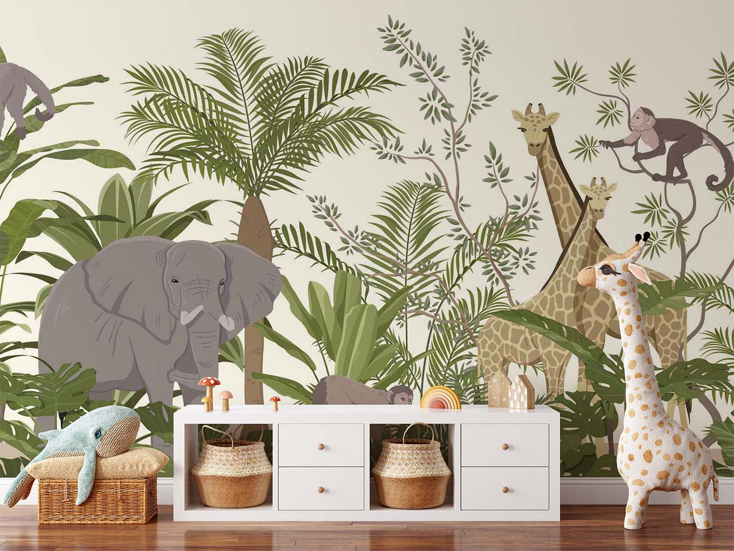 Frendorf | Elefant Giraffe und Affen Cartoon Tapete Wandbild