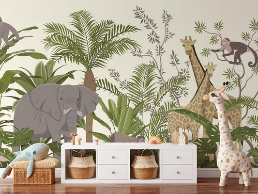 Frendorf | Elefant Giraffe und Affen Cartoon Tapete Wandbild