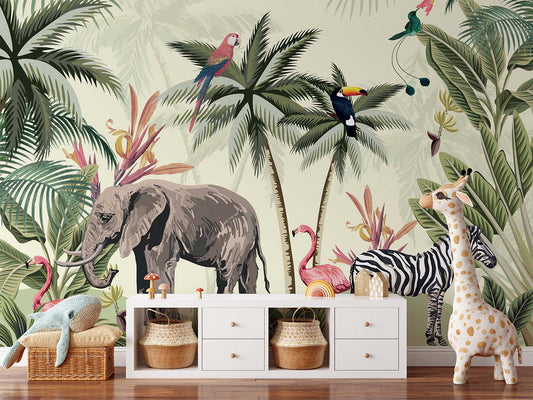 Frendorf | Elefant Zebra Flamingos Aquarell Kunst Tapete Wandbild