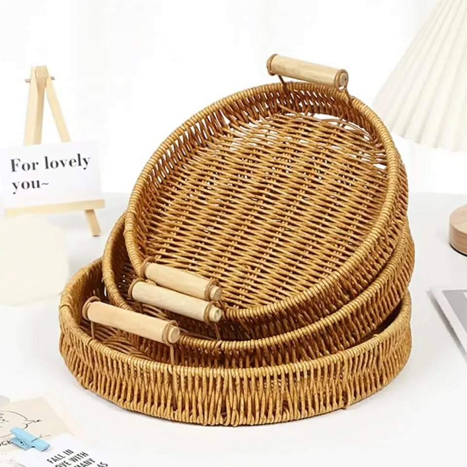 Frendorf | 3 Stück Runde Rattan Tabletts