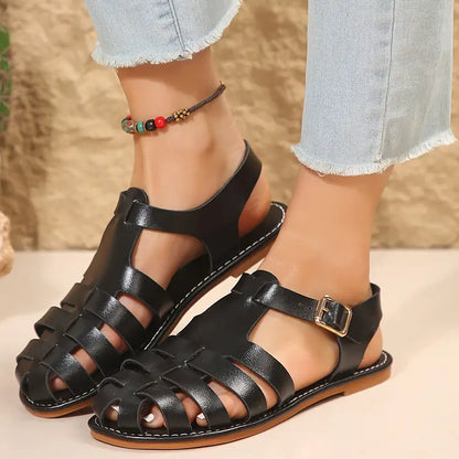 Frendorf | Damen flache Sandalen, geschlossene Zehe, Knöchelriemen, lässige Sommersandalen für den Strand