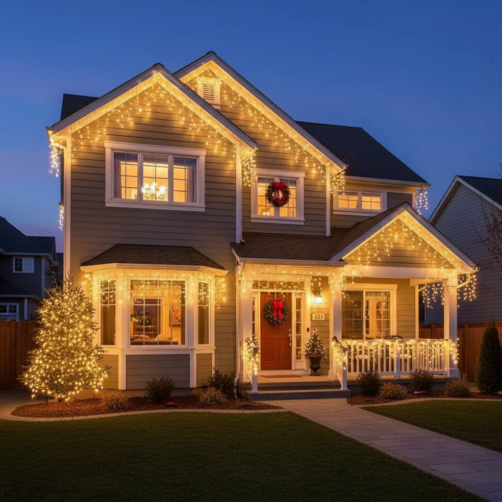 Frendorf | LED Eiszapfen Lichterkette | Warmweiß/Kaltweiß Funkel-Effekt (90% Konstant, 10% Blitz) | 24V, Bis zu 9 Sets Erweiterbar