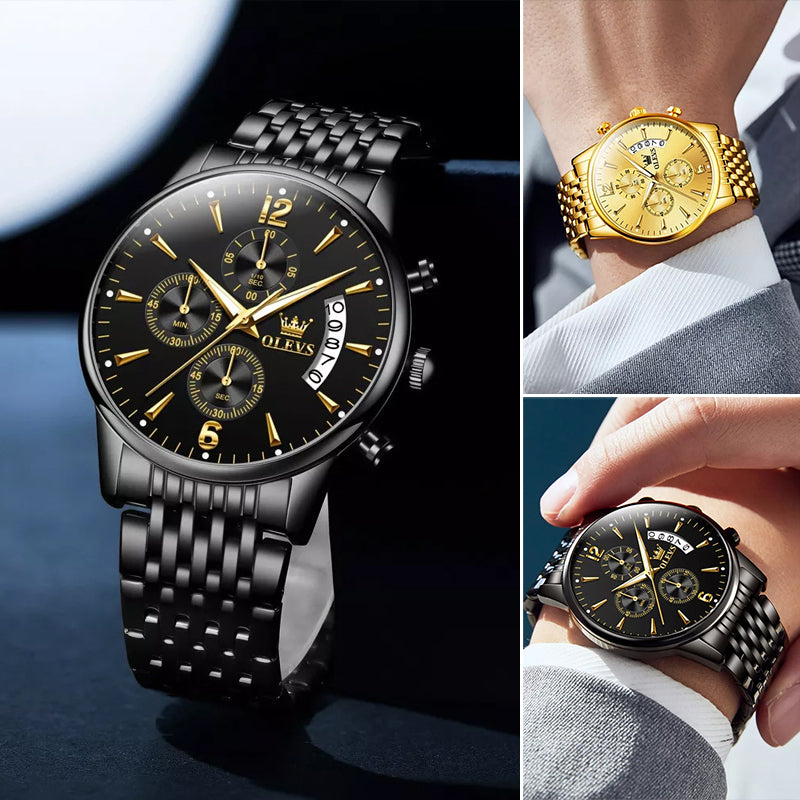 Frendorf | Luxus Gold Drei-Augen Chronograph Zifferblatt Automatische Mechanische Uhr
