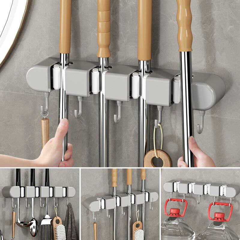 Frendorf | GripWall Mop- und Besenhalter | Wandmontiertes Aufbewahrungssystem mit Haken | Multifunktionales Lagerregal für Haushalt & Garage