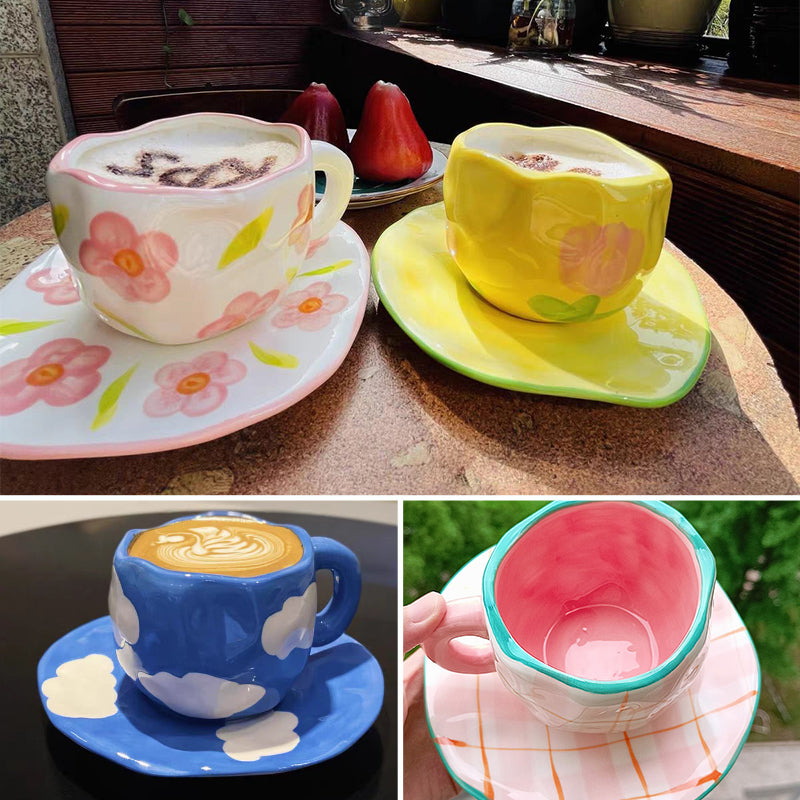 Frendorf | Handbemalte kreative Kaffeetasse, Keramiktasse und Unterteller-Set