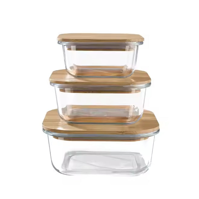 Frendorf | Lebensmittelaufbewahrungsbehälter 1200ml quadratisch klar Bento Glas Lunchbox Salatschüssel mit Bambusdeckel