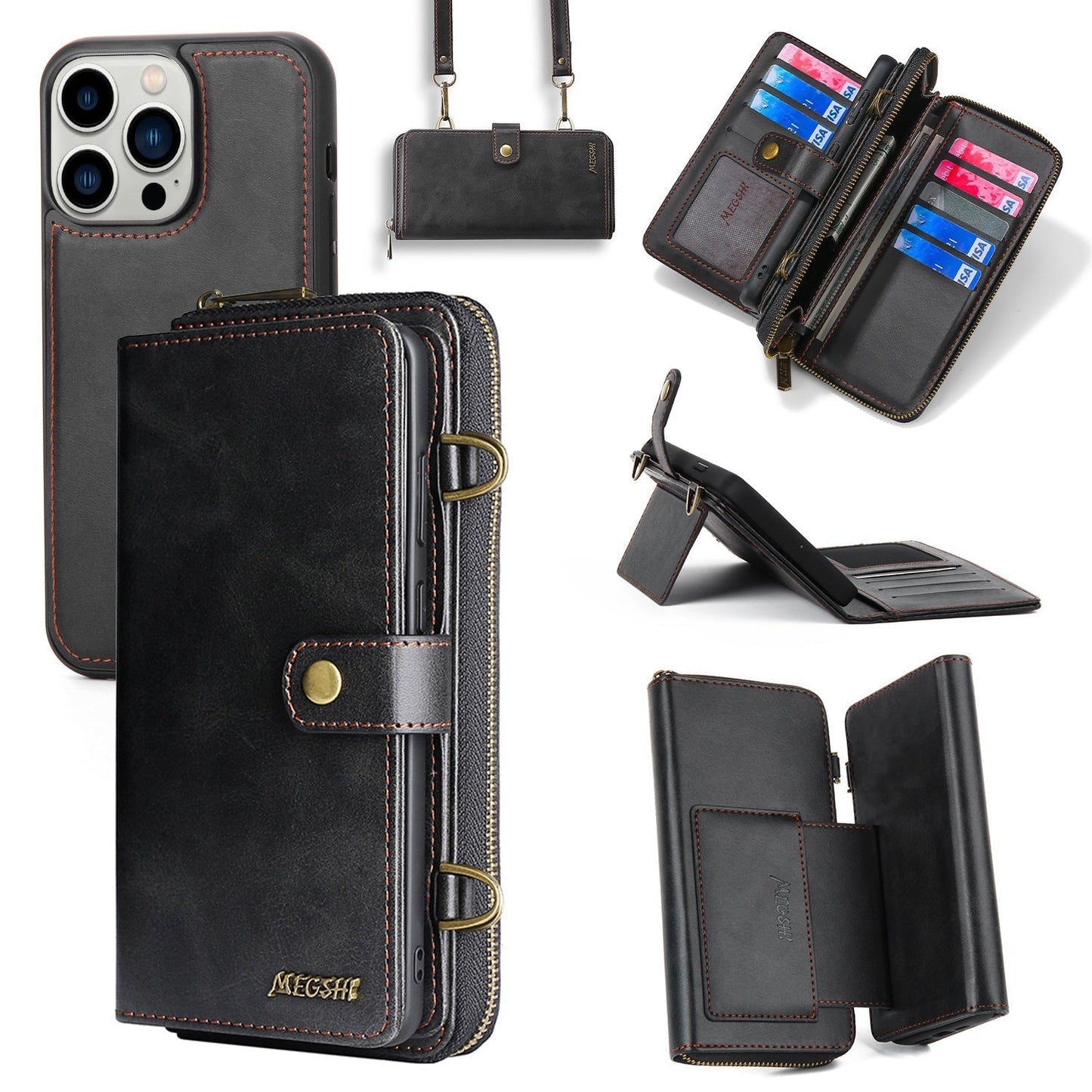 Frendorf | Reißverschluss Abnehmbare Leder Frauen Brieftasche Flip Karte Magnetische Fall Mit Sollte Strap Für iPhone