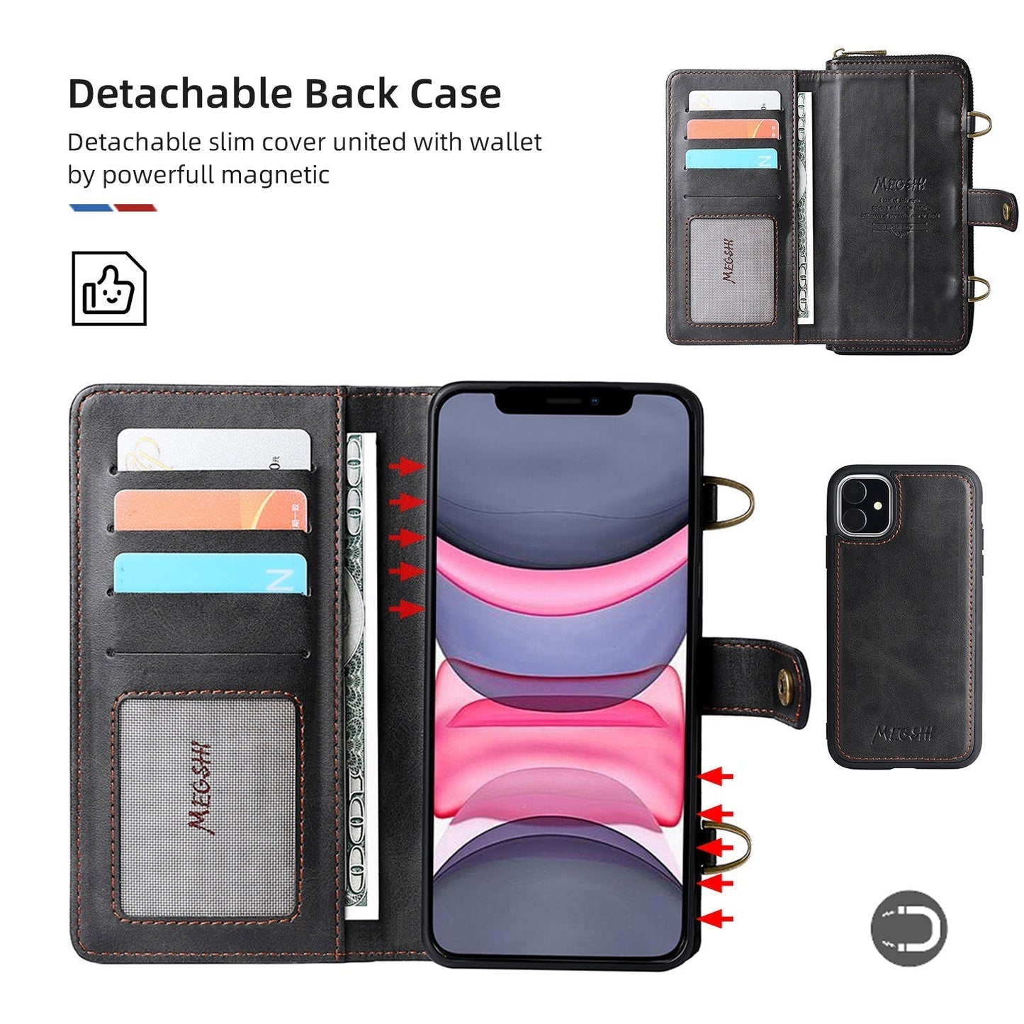 Frendorf | Reißverschluss Abnehmbare Leder Frauen Brieftasche Flip Karte Magnetische Fall Mit Sollte Strap Für iPhone