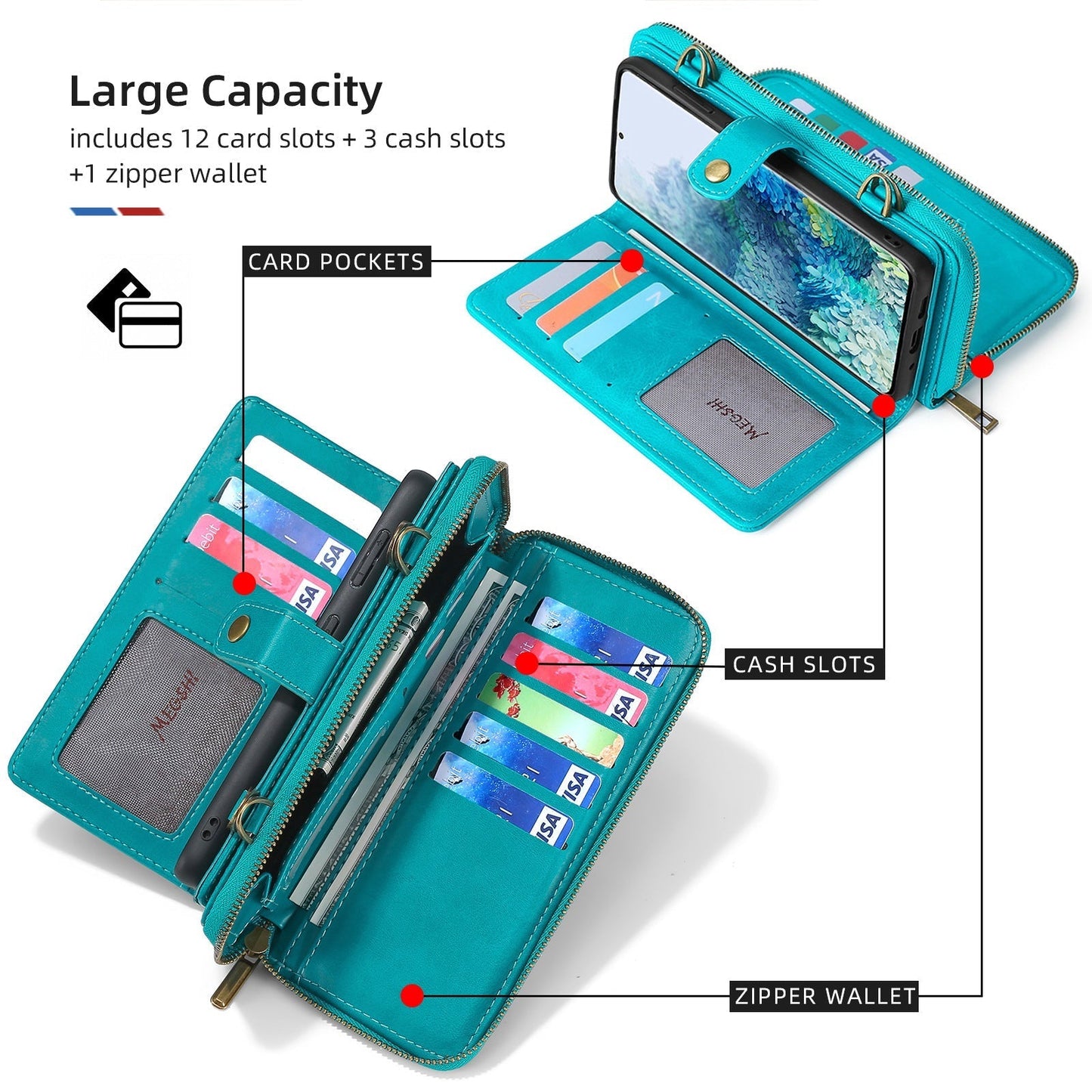 Frendorf | Reißverschluss Abnehmbare Leder Frauen Brieftasche Flip Karte Magnetische Fall Mit Sollte Strap Für iPhone