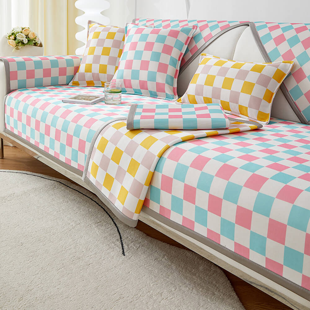 Moderne Eis-Seide Atmungsaktive Anti-Rutsch Karierte Sofa-Bezug