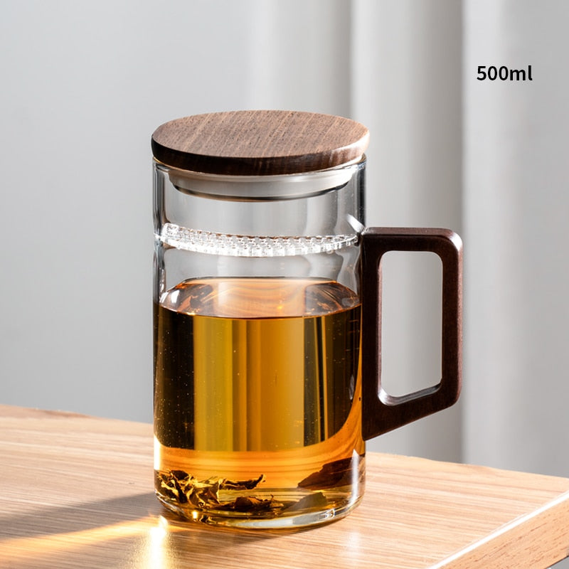GIANXI Teetasse mit Mondfilter Japanischer Holzgriff hitzebeständige Glastassen Teeblatttrennung Teetassenset