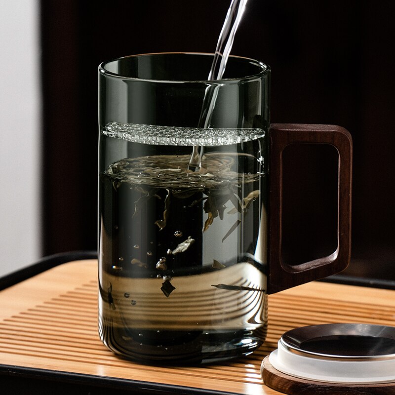 GIANXI Teetasse mit Mondfilter Japanischer Holzgriff hitzebeständige Glastassen Teeblatttrennung Teetassenset