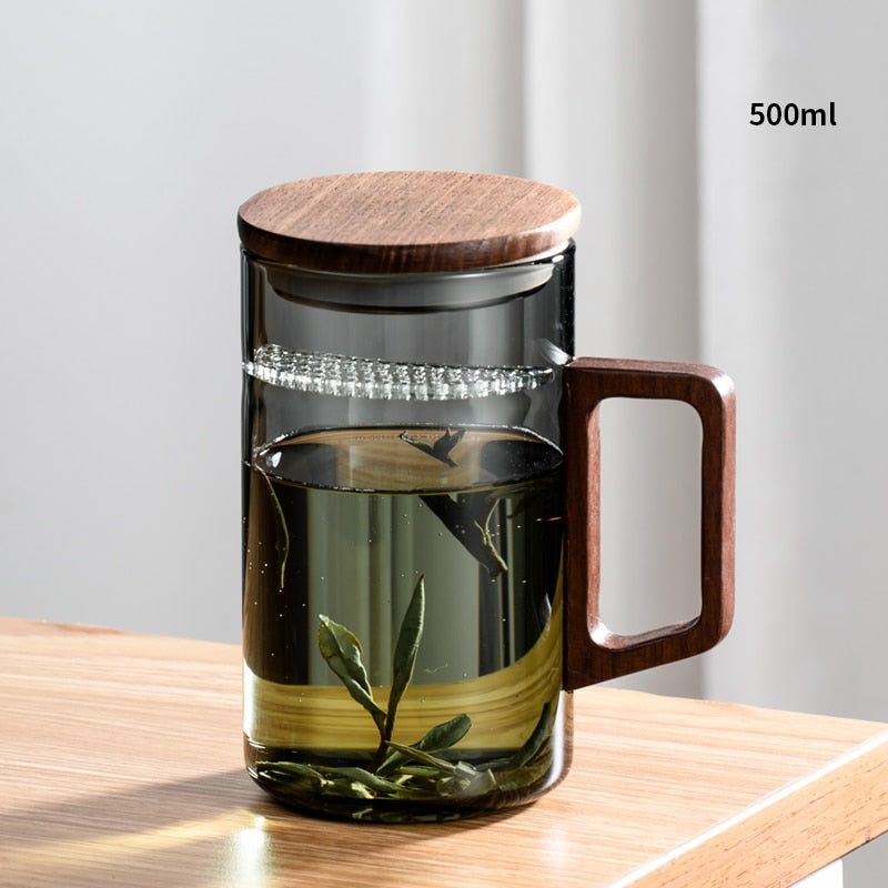 GIANXI Teetasse mit Mondfilter Japanischer Holzgriff hitzebeständige Glastassen Teeblatttrennung Teetassenset
