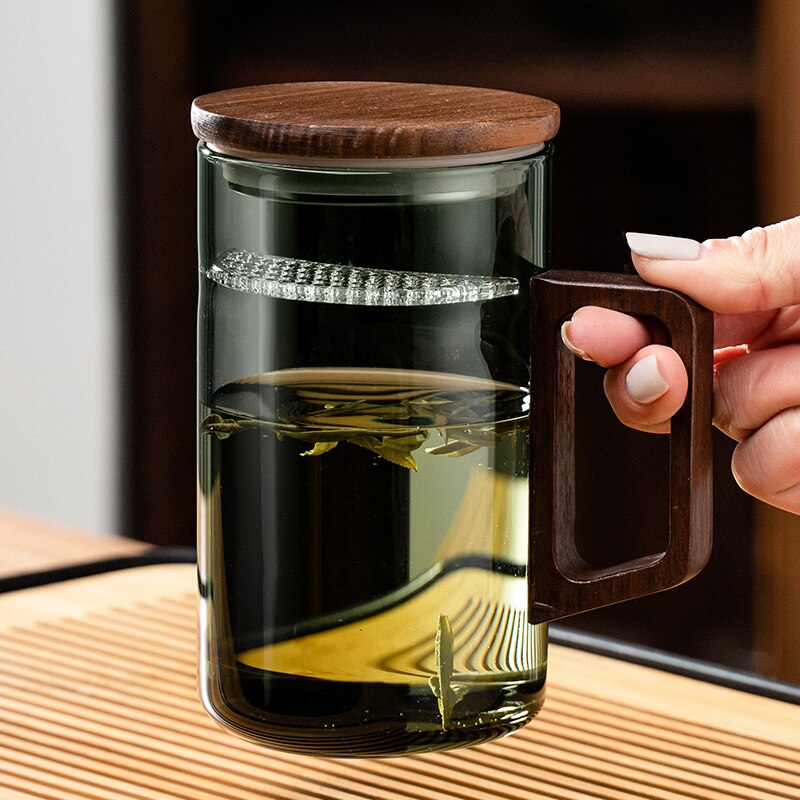 GIANXI Teetasse mit Mondfilter Japanischer Holzgriff hitzebeständige Glastassen Teeblatttrennung Teetassenset