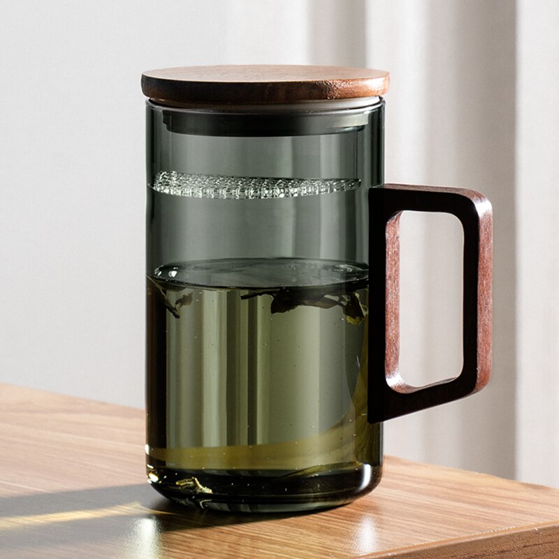 GIANXI Teetasse mit Mondfilter Japanischer Holzgriff hitzebeständige Glastassen Teeblatttrennung Teetassenset
