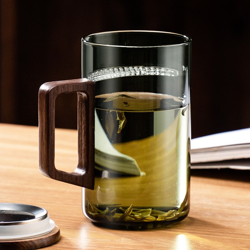 GIANXI Teetasse mit Mondfilter Japanischer Holzgriff hitzebeständige Glastassen Teeblatttrennung Teetassenset