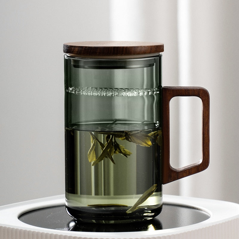 GIANXI Teetasse mit Mondfilter Japanischer Holzgriff hitzebeständige Glastassen Teeblatttrennung Teetassenset