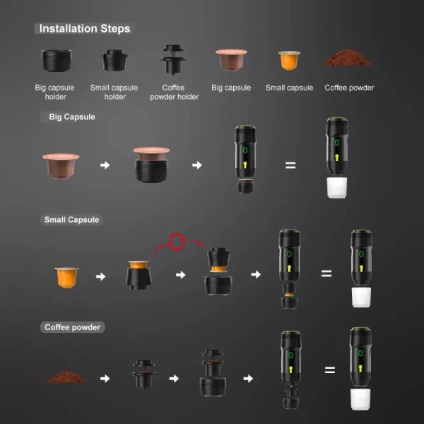 Frendorf | Kabellose Espresso-Kaffeemaschine Tragbare 3 in 1 Kaffeemaschine mit Kapsel und Pulver