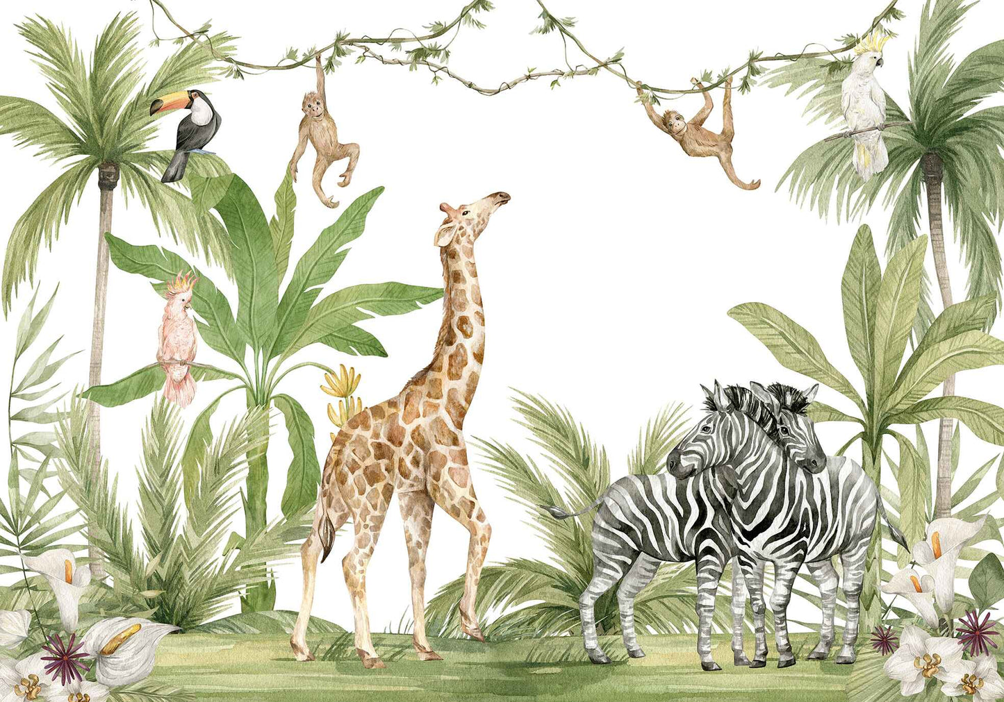 Frendorf | Giraffe und Zebras Aquarell Tapete Wandbild