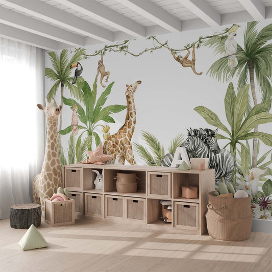 Frendorf | Giraffe und Zebras Aquarell Tapete Wandbild