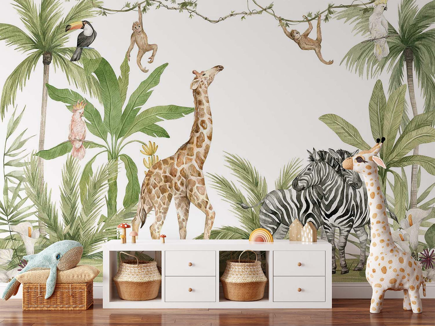 Frendorf | Giraffe und Zebras Aquarell Tapete Wandbild
