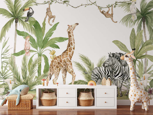 Frendorf | Giraffe und Zebras Aquarell Tapete Wandbild