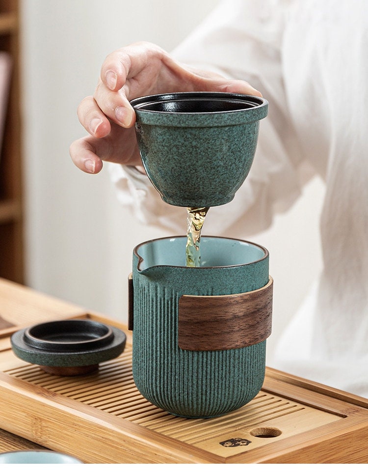 Glas Kuai Ke Tasse Ein Topf Vier Tassen Tragbares Reise Teeset mit Tasche | Blaustein Glasur Gestreifter Schneller Gästetasse | Vier Tassen Keramik