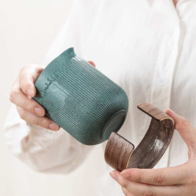 Glas Kuai Ke Tasse Ein Topf Vier Tassen Tragbares Reise Teeset mit Tasche | Blaustein Glasur Gestreifter Schneller Gästetasse | Vier Tassen Keramik