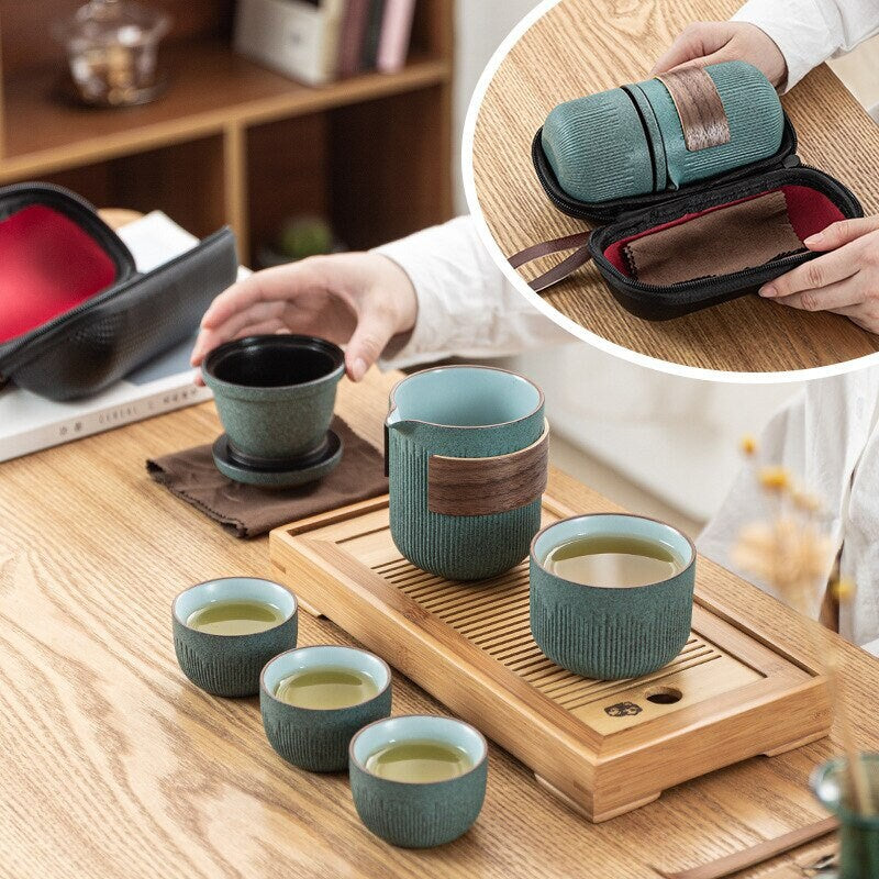 Glas Kuai Ke Tasse Ein Topf Vier Tassen Tragbares Reise Teeset mit Tasche | Blaustein Glasur Gestreifter Schneller Gästetasse | Vier Tassen Keramik
