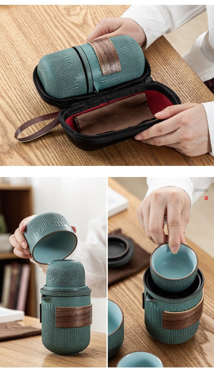 Glas Kuai Ke Tasse Ein Topf Vier Tassen Tragbares Reise Teeset mit Tasche | Blaustein Glasur Gestreifter Schneller Gästetasse | Vier Tassen Keramik