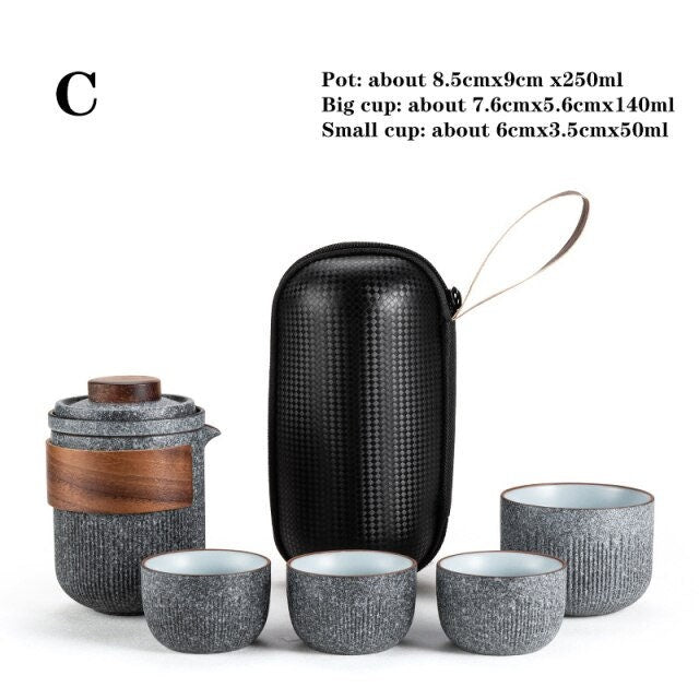 Glas Kuai Ke Tasse Ein Topf Vier Tassen Tragbares Reise Teeset mit Tasche | Blaustein Glasur Gestreifter Schneller Gästetasse | Vier Tassen Keramik