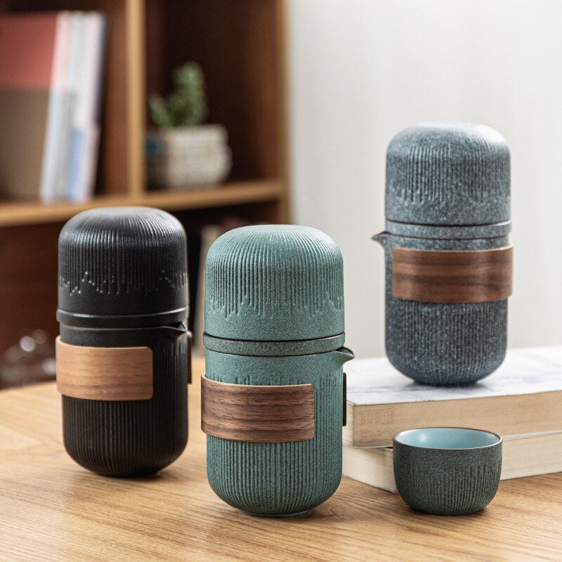 Glas Kuai Ke Tasse Ein Topf Vier Tassen Tragbares Reise Teeset mit Tasche | Blaustein Glasur Gestreifter Schneller Gästetasse | Vier Tassen Keramik
