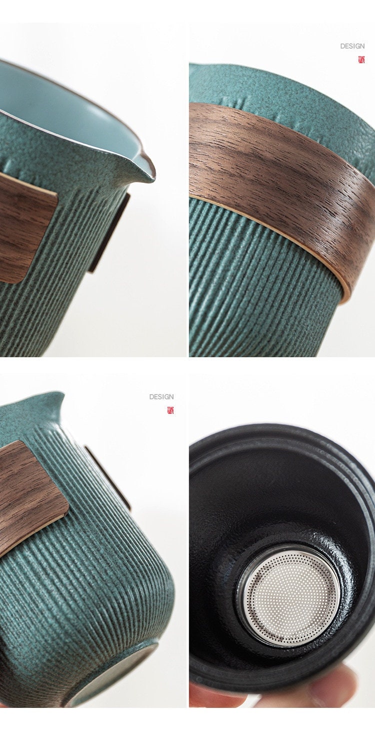 Glas Kuai Ke Tasse Ein Topf Vier Tassen Tragbares Reise Teeset mit Tasche | Blaustein Glasur Gestreifter Schneller Gästetasse | Vier Tassen Keramik
