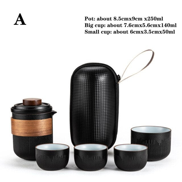 Glas Kuai Ke Tasse Ein Topf Vier Tassen Tragbares Reise Teeset mit Tasche | Blaustein Glasur Gestreifter Schneller Gästetasse | Vier Tassen Keramik