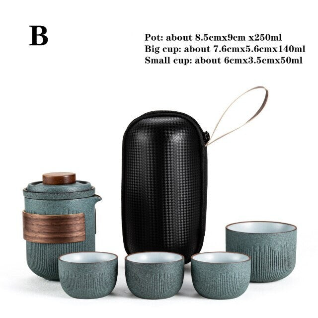 Glas Kuai Ke Tasse Ein Topf Vier Tassen Tragbares Reise Teeset mit Tasche | Blaustein Glasur Gestreifter Schneller Gästetasse | Vier Tassen Keramik