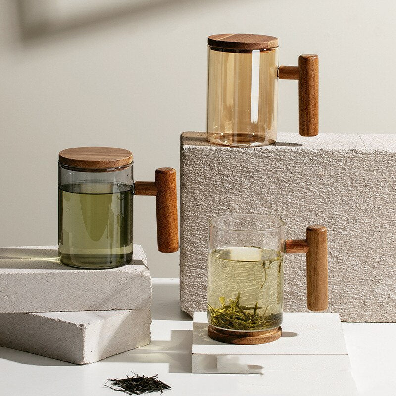 Glas Teetasse mit Sieb und Deckel, Glas Teebecher, große Teetasse mit Holzgriff für losen Tee