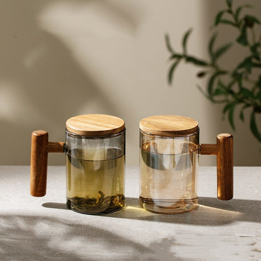 Glas Teetasse mit Sieb und Deckel, Glas Teebecher, große Teetasse mit Holzgriff für losen Tee