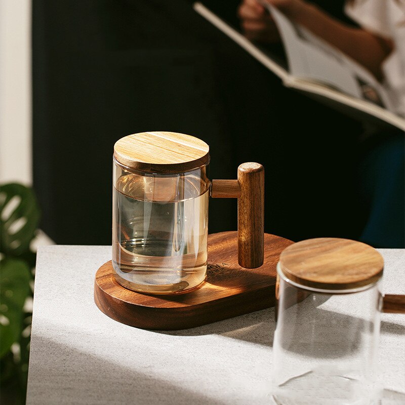 Glas Teetasse mit Sieb und Deckel, Glas Teebecher, große Teetasse mit Holzgriff für losen Tee