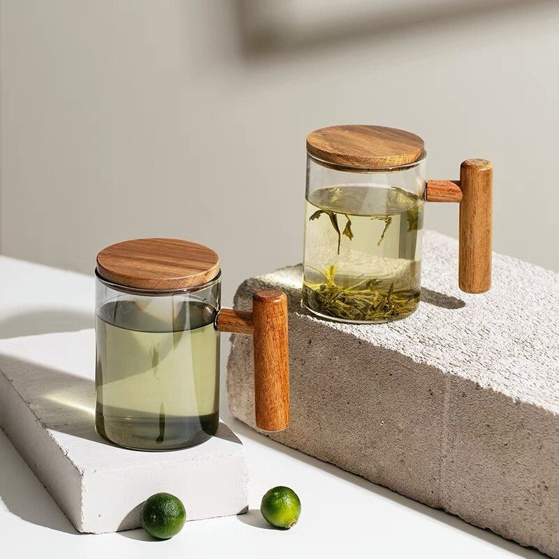 Glas Teetasse mit Sieb und Deckel, Glas Teebecher, große Teetasse mit Holzgriff für losen Tee