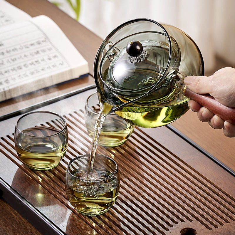 Glas Teekanne mit Holzgriff Chinesische Teezermonie Reiner Tee Kung Fu Tee Transparentes Teewaren-Set Seitenhandgriff Glaswasserkocher